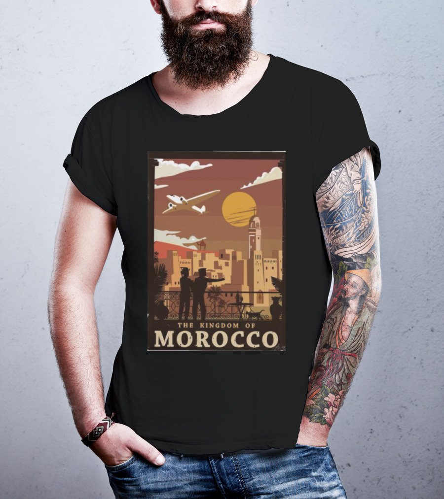 The Kingdom Of Morocco Skyline View With Airplane And Sunset Scene T-Shirt