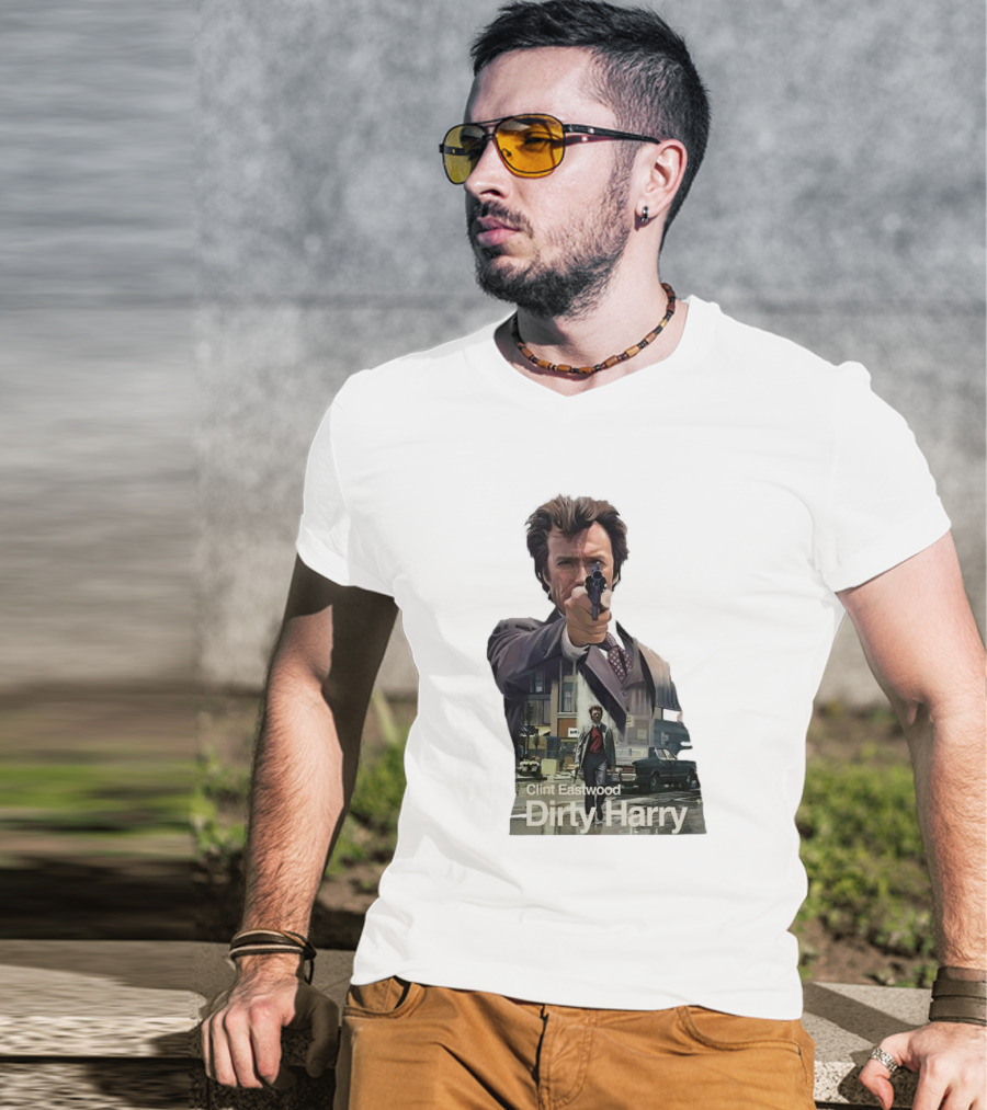 Clint Eastwood Dirty Harry Iconic Movie Scene With Gun And Urban Background T-Shirt