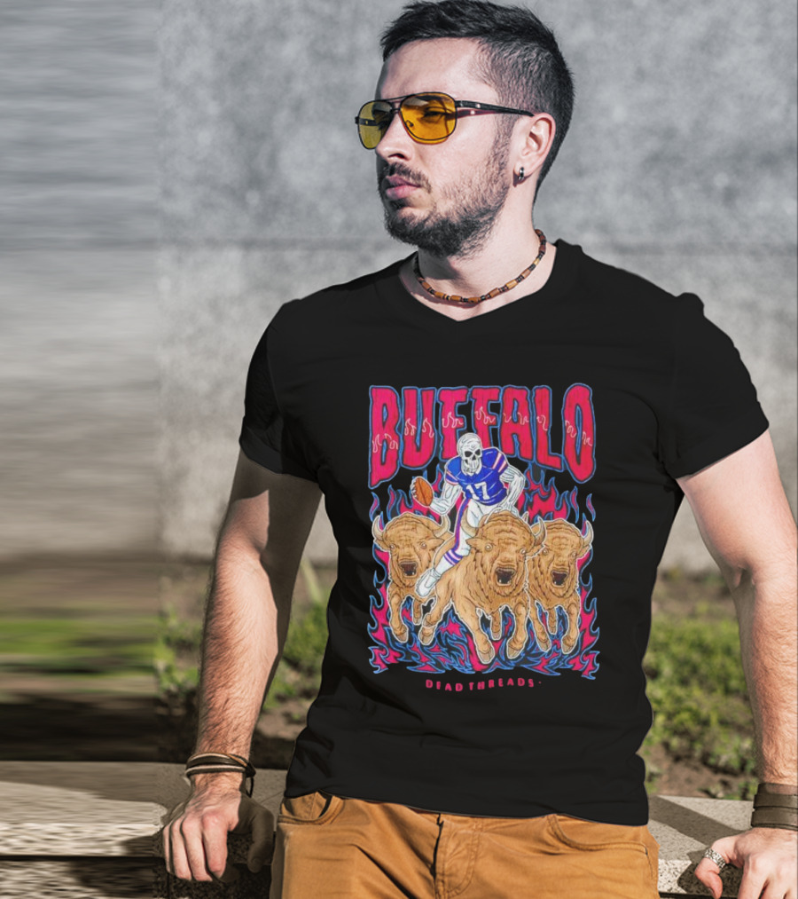 Buffalo Football Dead Threads Skeleton Quarterback Riding Buffalos T-Shirt