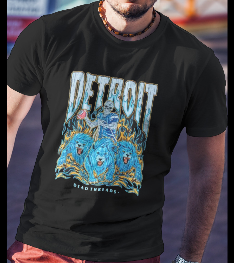 Detroit Dead Threads Football Skeleton And Blue Lions T-Shirt