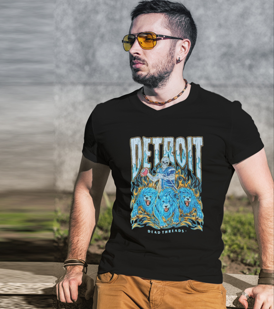 Detroit Dead Threads Football Skeleton And Blue Lions T-Shirt