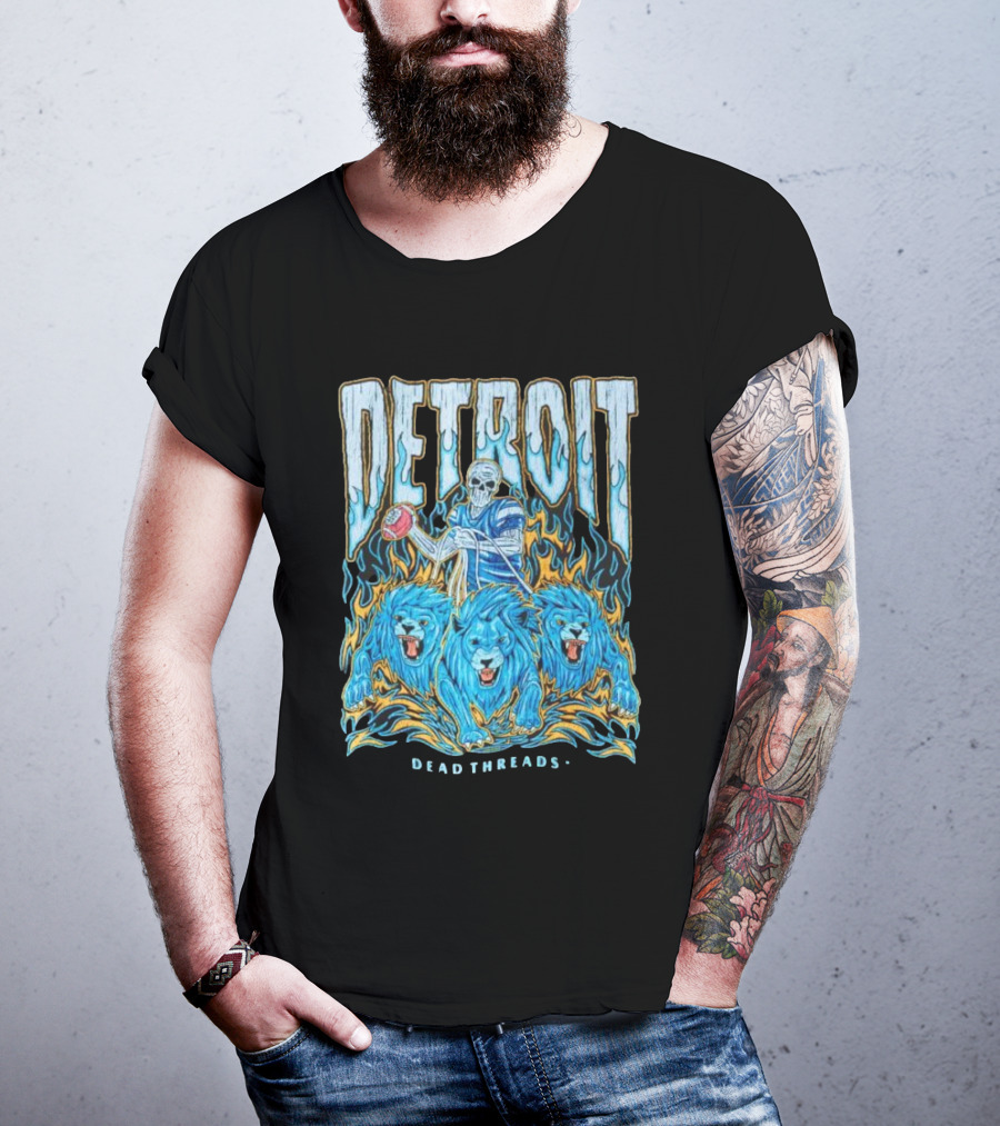 Detroit Dead Threads Football Skeleton And Blue Lions T-Shirt