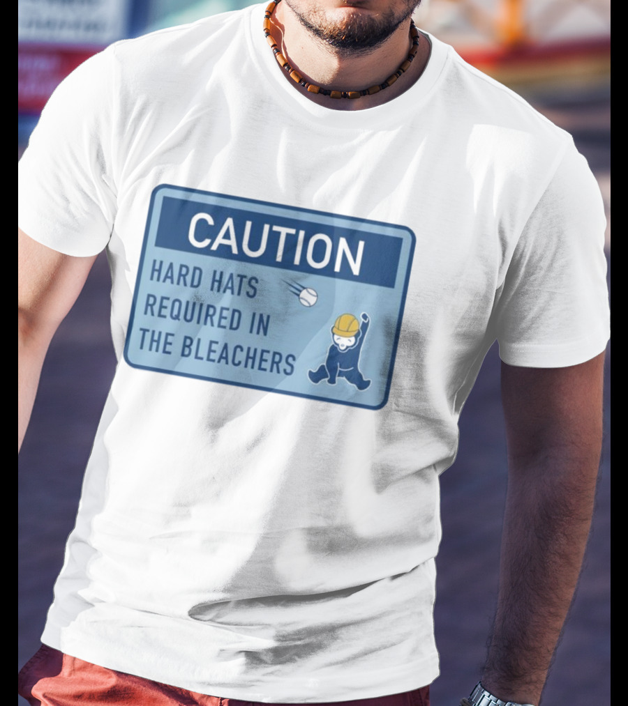 Caution: Hard Hats Required In The Bleachers With Cartoon Worker And Falling Object T-Shirt