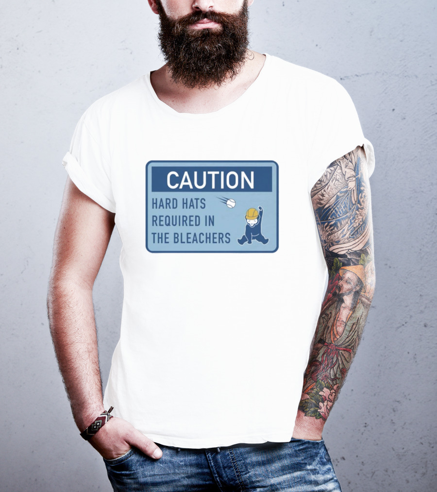 Caution: Hard Hats Required In The Bleachers With Cartoon Worker And Falling Object T-Shirt
