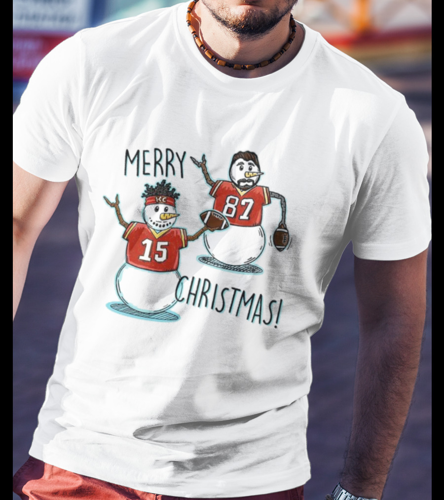 Merry Christmas Mahomes Snowman 15 And 87 Kansas City Football Chiefsmas T-Shirt