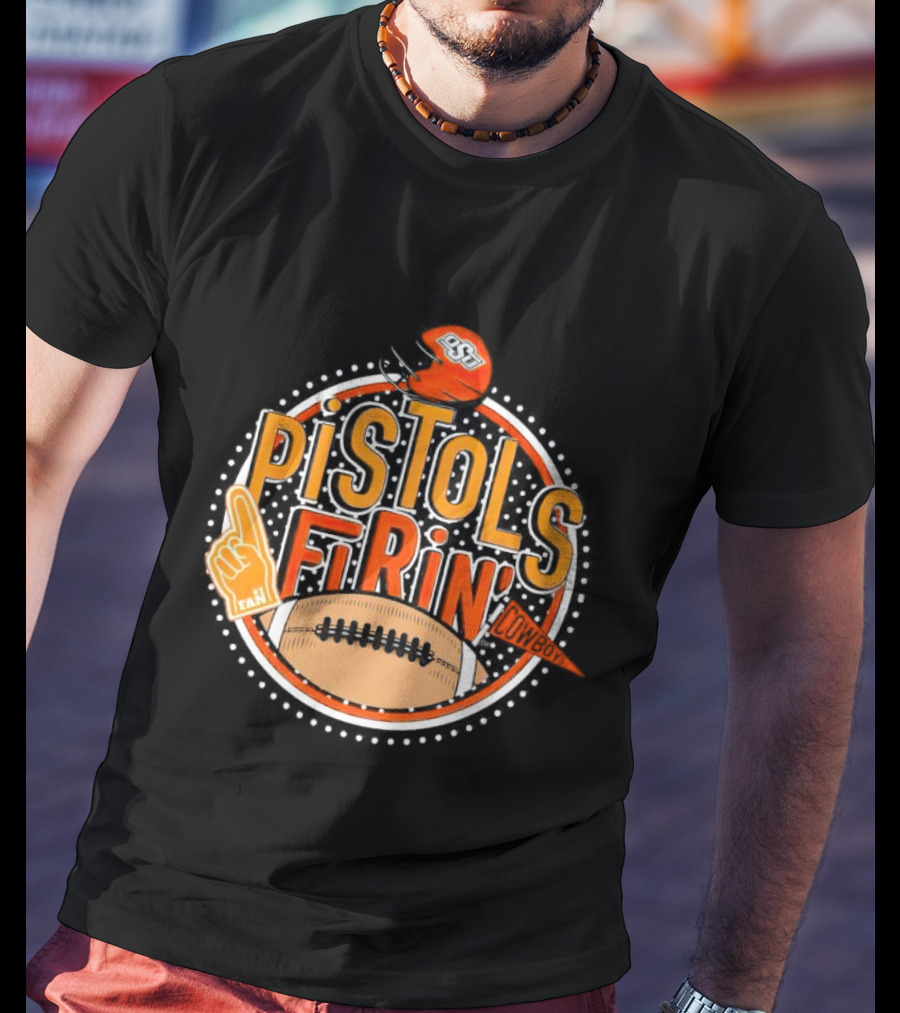 Pistols Firing OSU Cowboys Football Helmet And Foam Finger T-Shirt