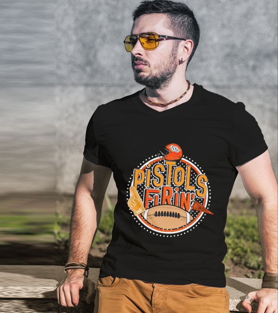 Pistols Firing OSU Cowboys Football Helmet And Foam Finger T-Shirt