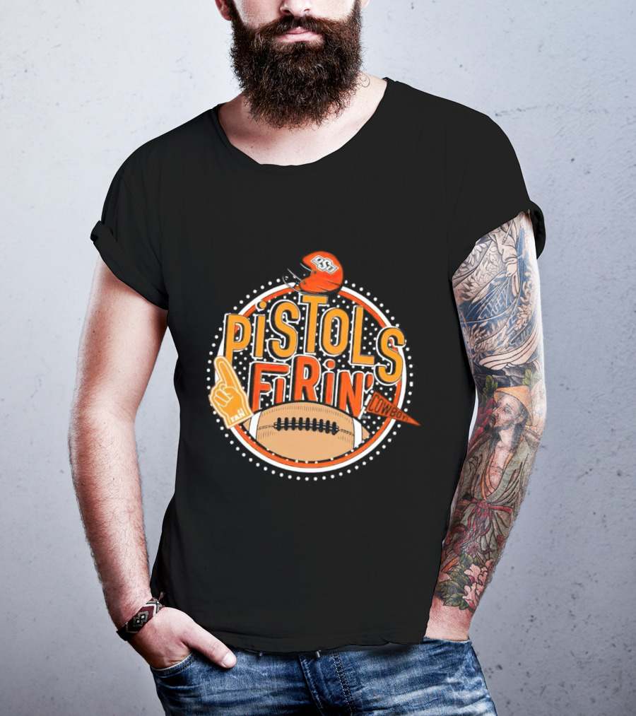 Pistols Firing OSU Cowboys Football Helmet And Foam Finger T-Shirt