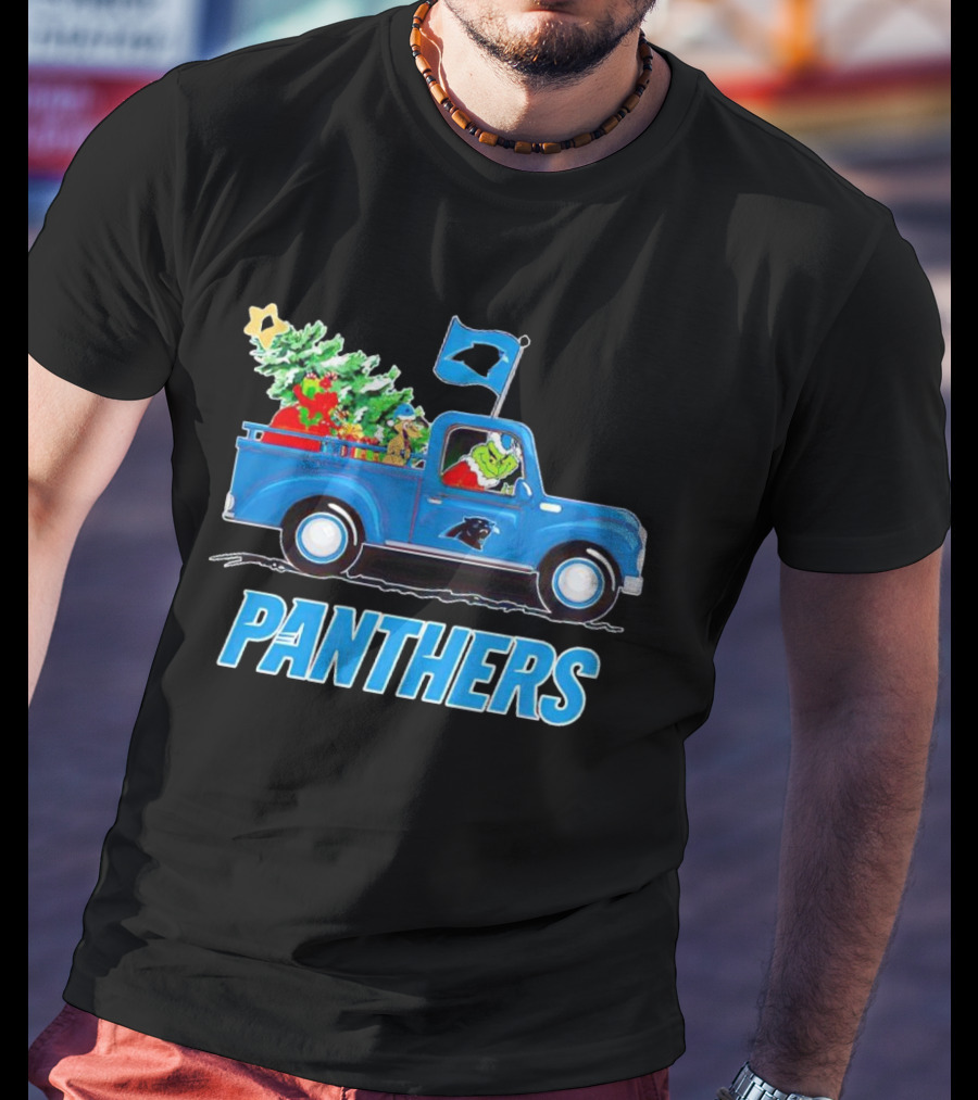 Grinch In Blue Christmas Truck With Carolina Panthers Logo And Tree T-Shirt