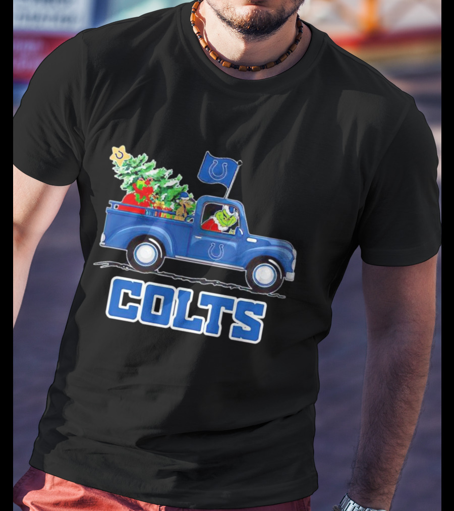 Grinch Driving Christmas Truck With Indianapolis Colts Logo And Tree T-Shirt