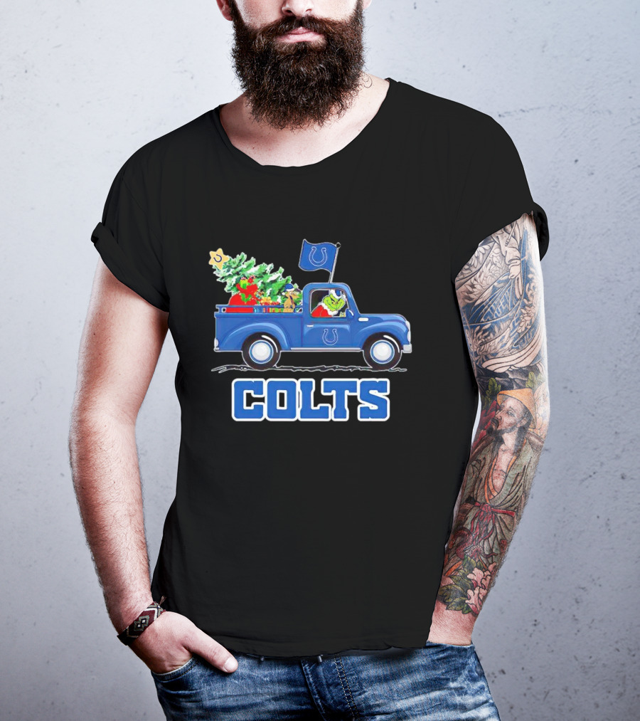 Grinch Driving Christmas Truck With Indianapolis Colts Logo And Tree T-Shirt