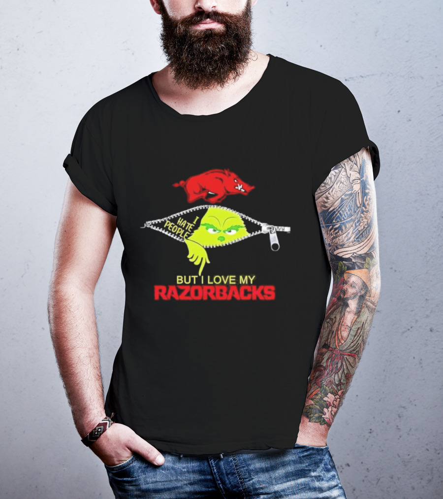 Grinch Zipper I Hate People But I Love My Razorbacks Arkansas Razorbacks T-Shirt