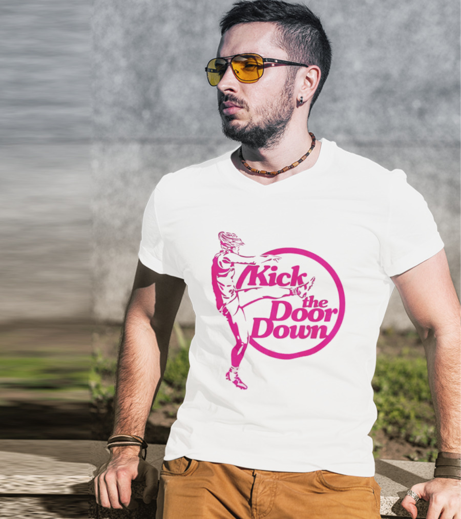 Kick The Door Down Pink Circle Footballer Kicker T-Shirt