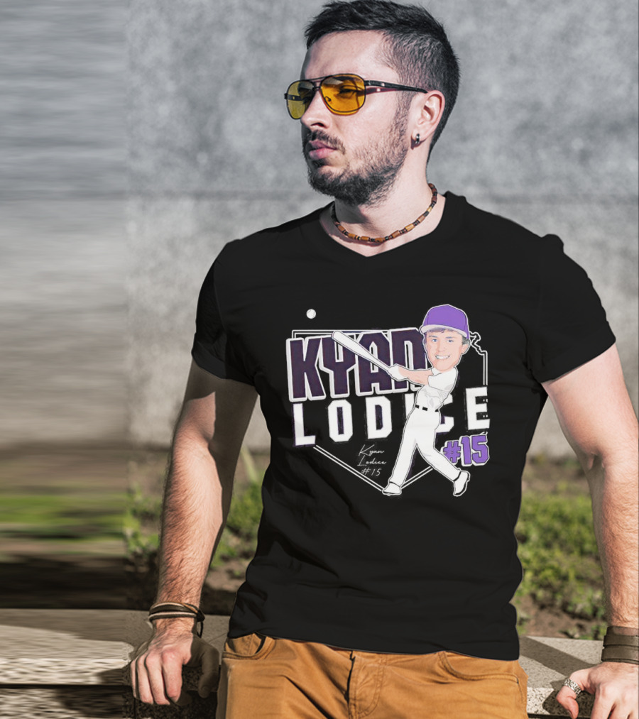 Kyan Lodice Caricature Signature Baseball #15 Purple Cap T-Shirt