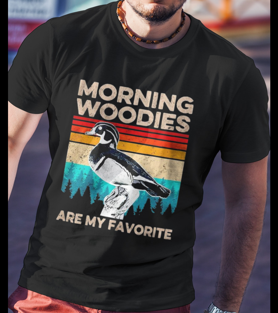 Morning Woodies Are My Favorite Vintage Duck Silhouette Retro Stripes Forest Pines T-Shirt
