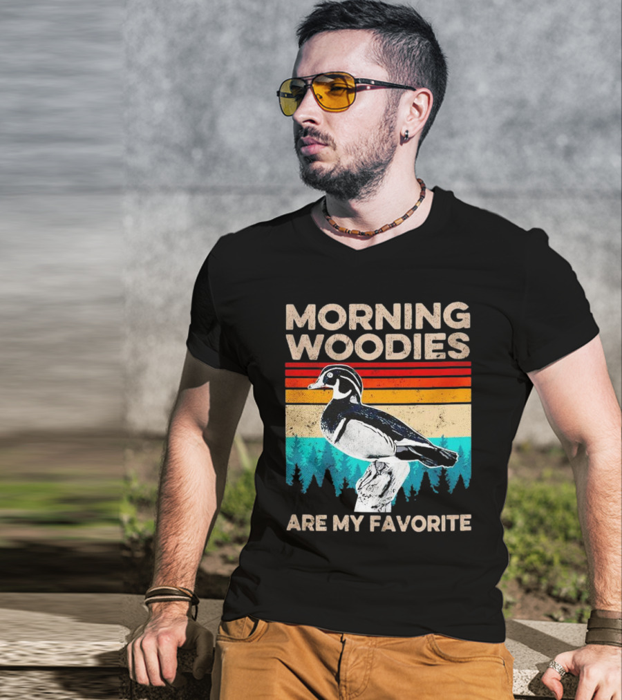 Morning Woodies Are My Favorite Vintage Duck Silhouette Retro Stripes Forest Pines T-Shirt