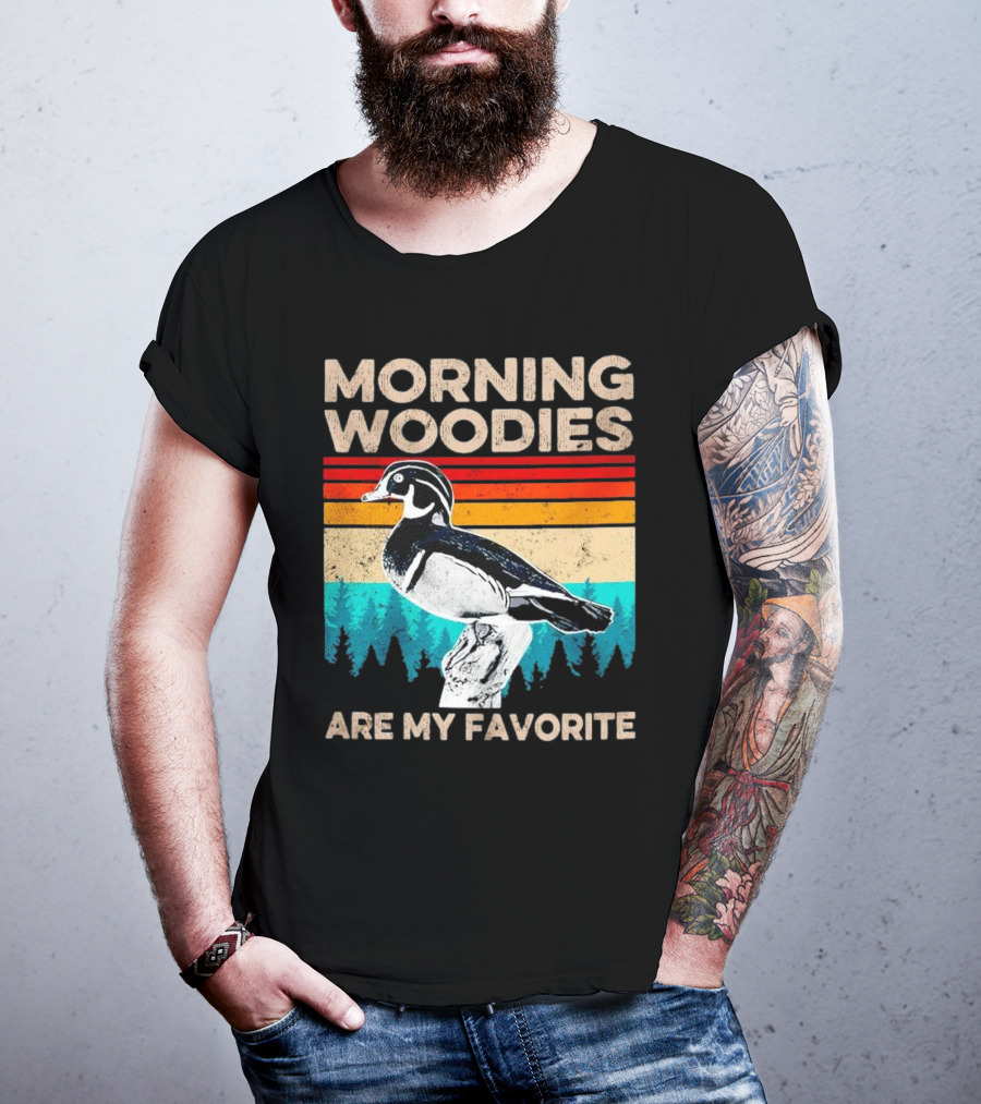 Morning Woodies Are My Favorite Vintage Duck Silhouette Retro Stripes Forest Pines T-Shirt