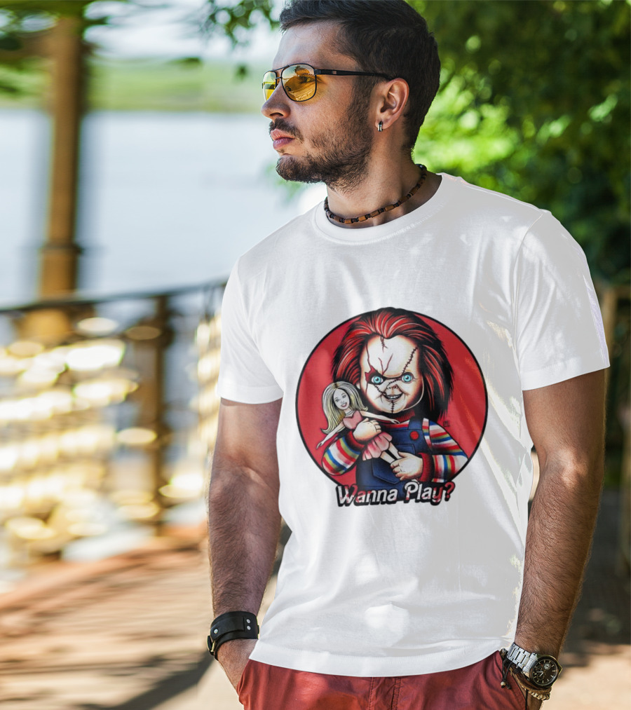 Chucky Holding Doll With Wanna Play? Text In Red Circle T-Shirt