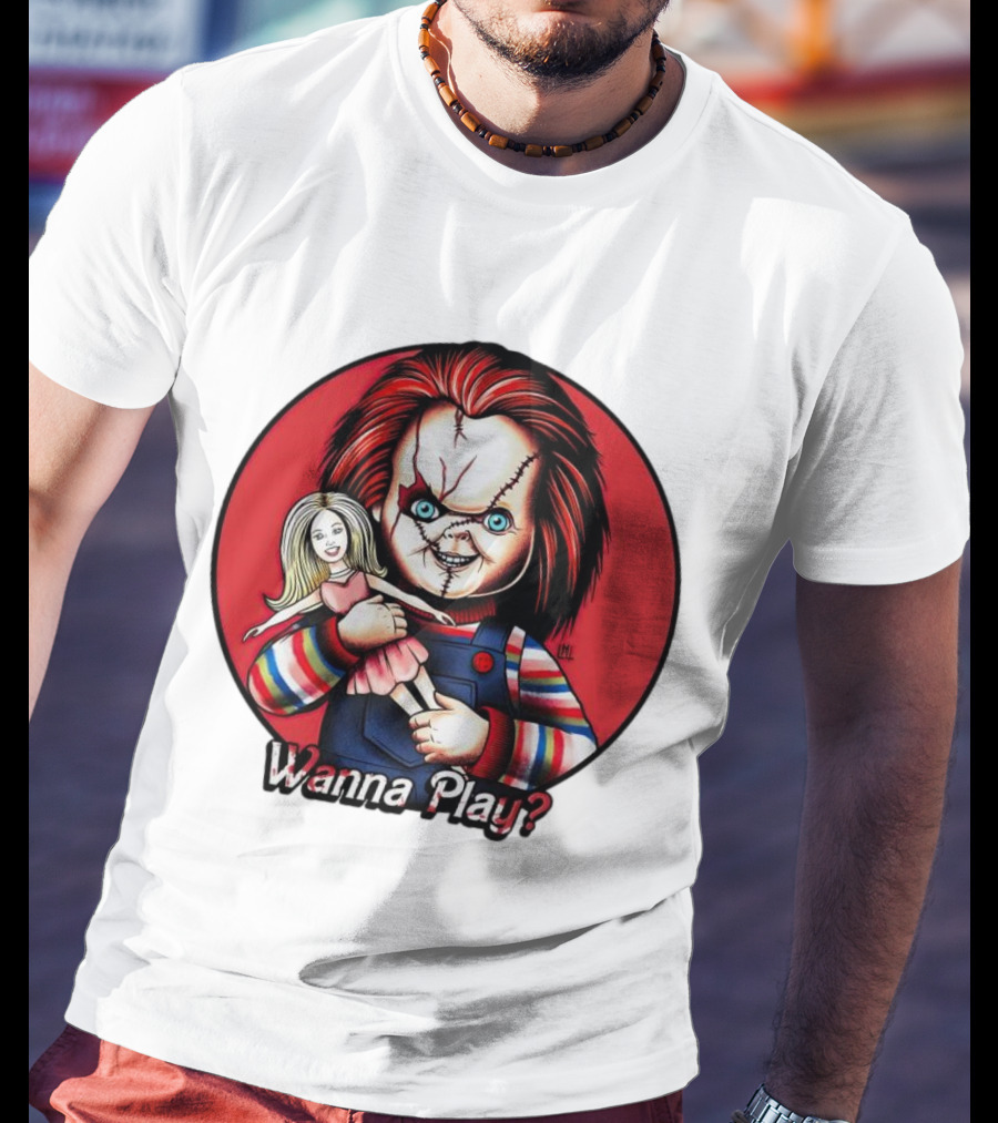 Chucky Holding Doll With Wanna Play? Text In Red Circle T-Shirt
