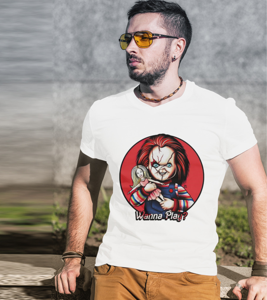 Chucky Holding Doll With Wanna Play? Text In Red Circle T-Shirt