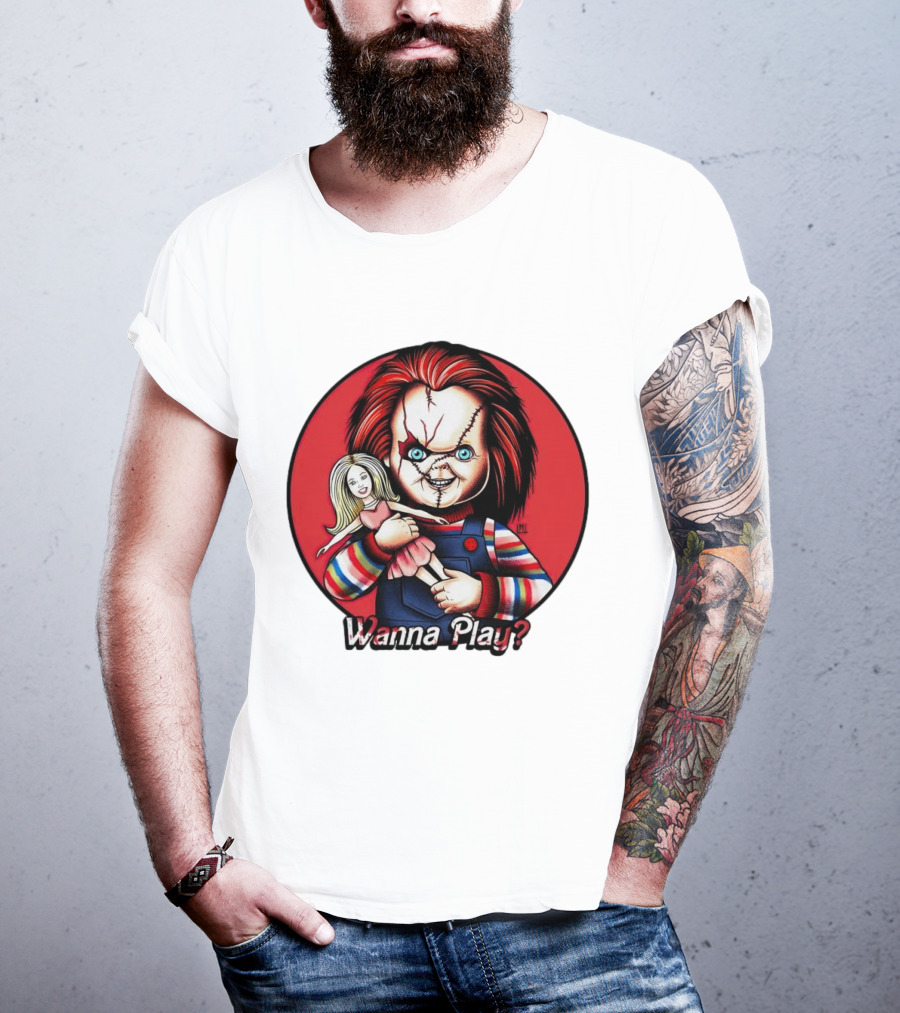 Chucky Holding Doll With Wanna Play? Text In Red Circle T-Shirt