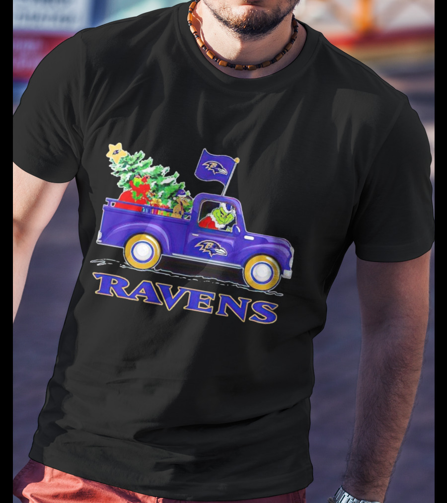Grinch Driving Baltimore Ravens Christmas Truck T-Shirt