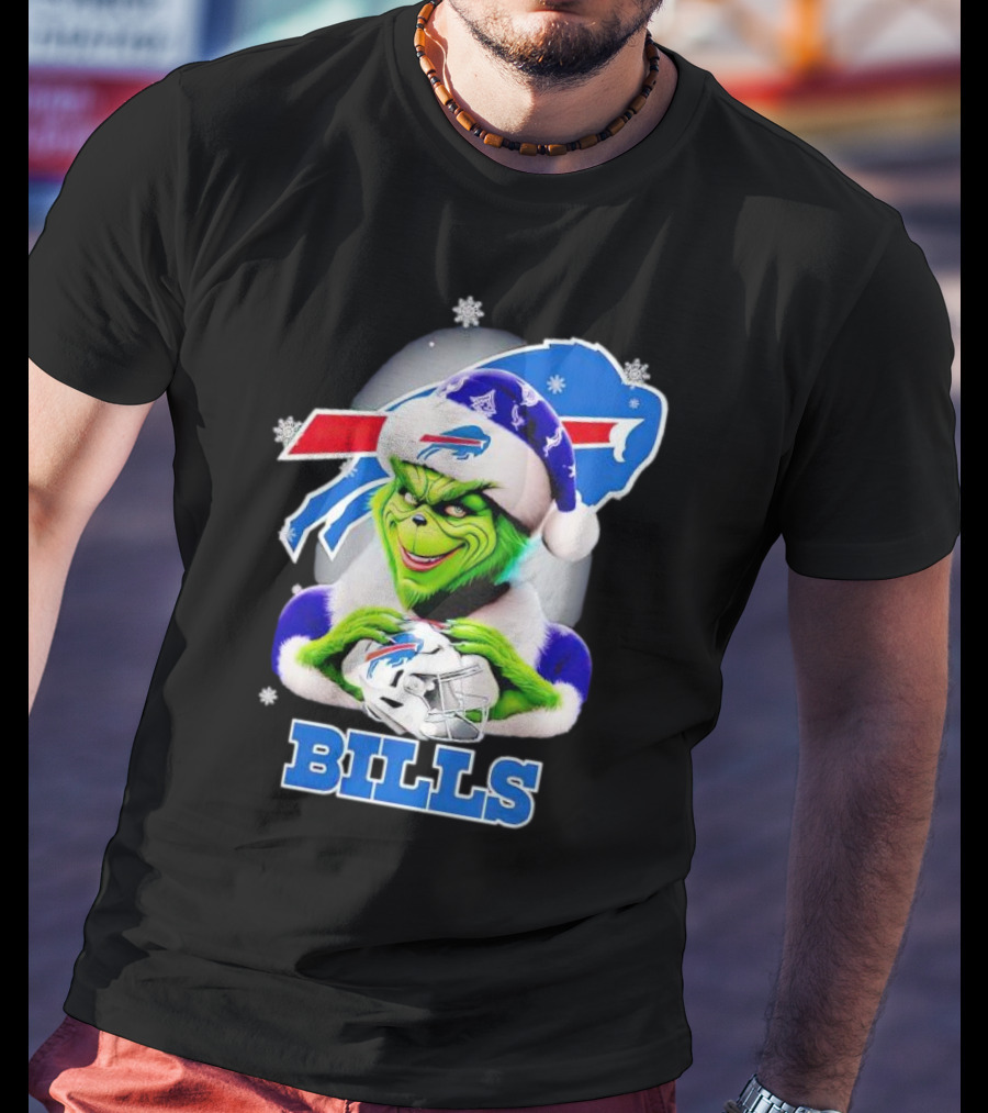 Grinch Love Buffalo Bills Christmas Santa Hat Snowflakes T-Shirt