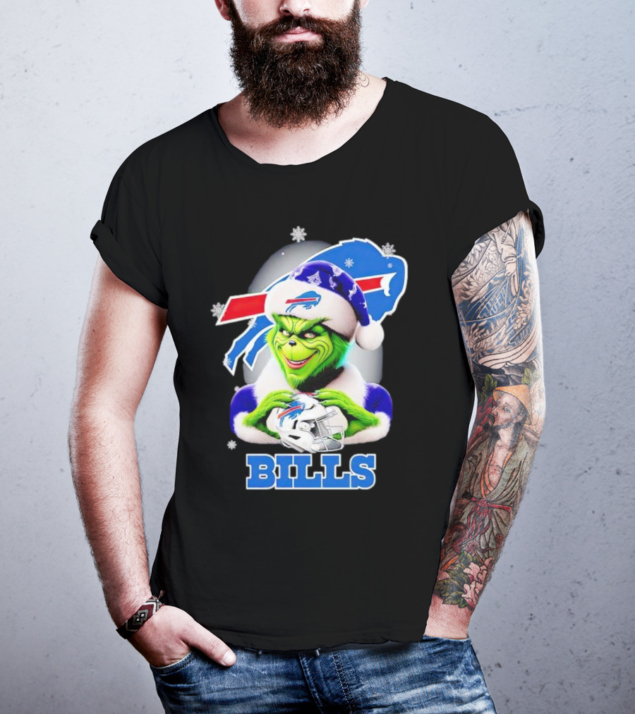 Grinch Love Buffalo Bills Christmas Santa Hat Snowflakes T-Shirt