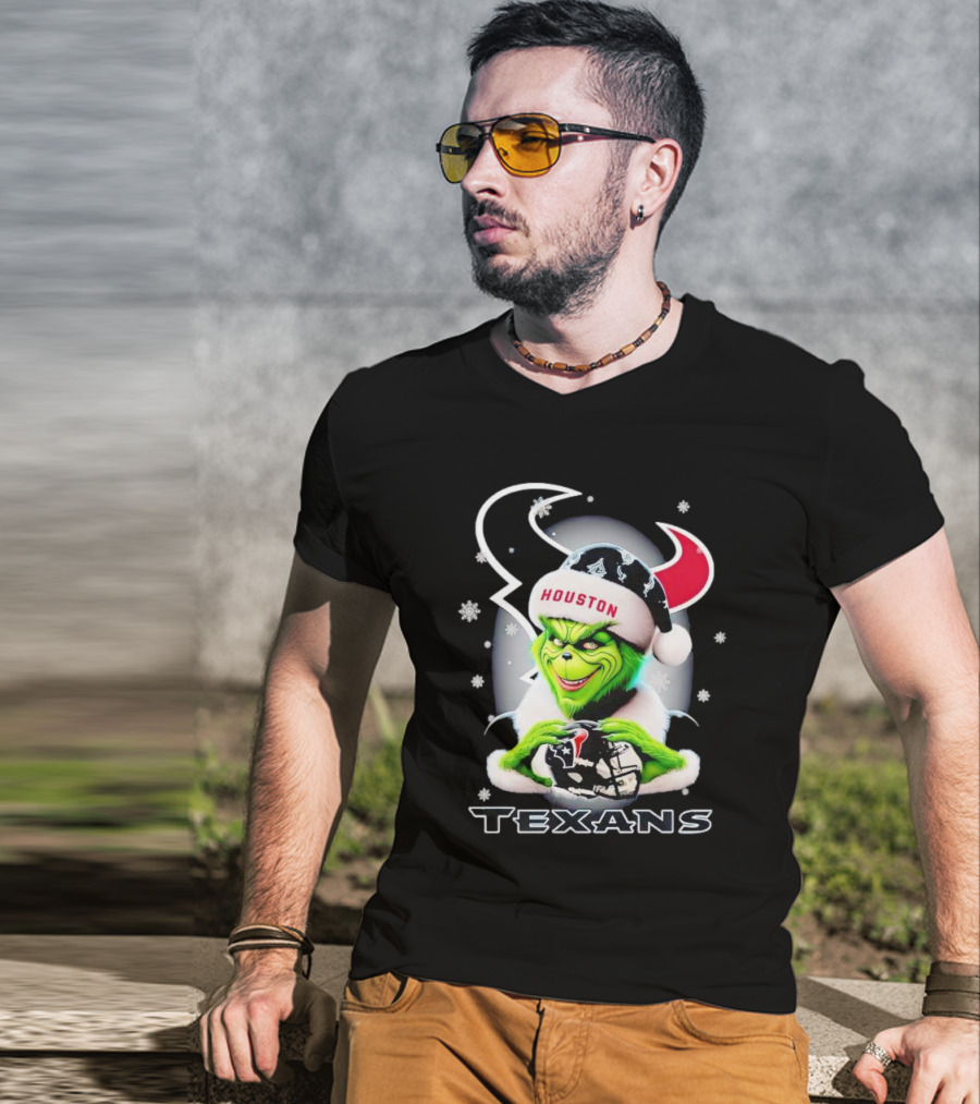 Grinch Houston Texans Christmas Football Holiday Snowflakes T-Shirt