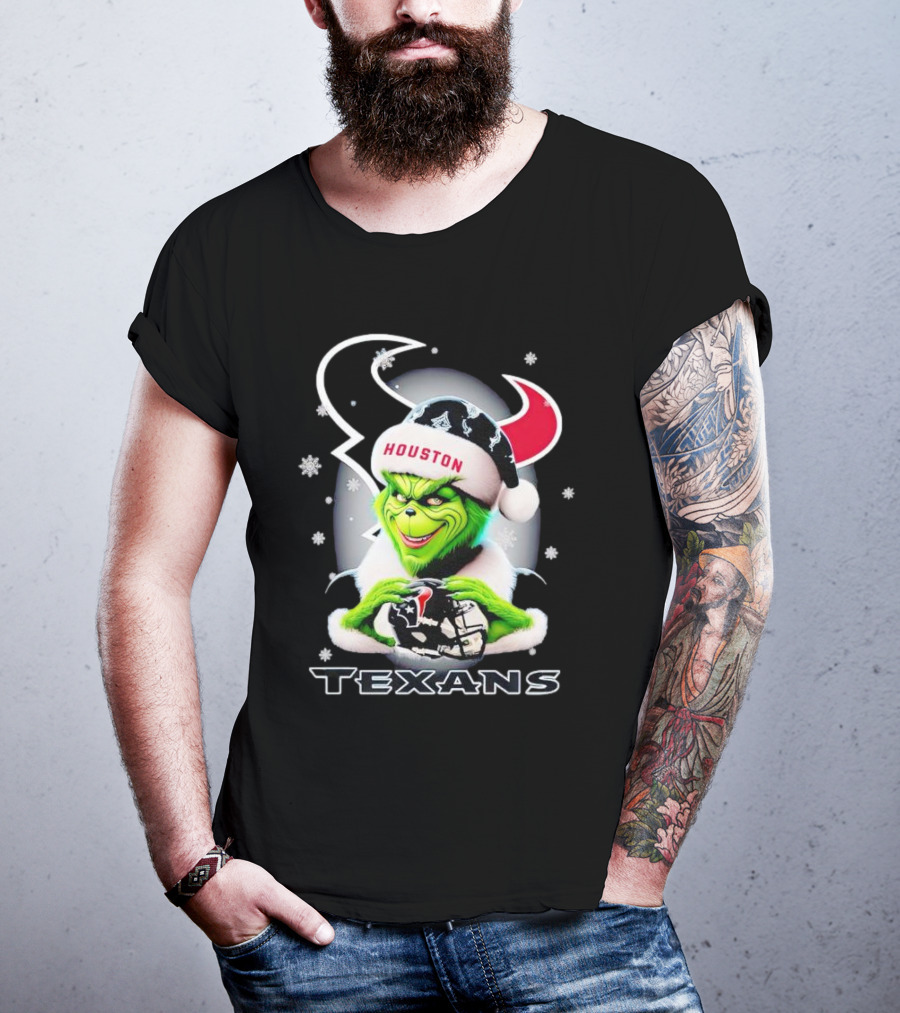 Grinch Houston Texans Christmas Football Holiday Snowflakes T-Shirt