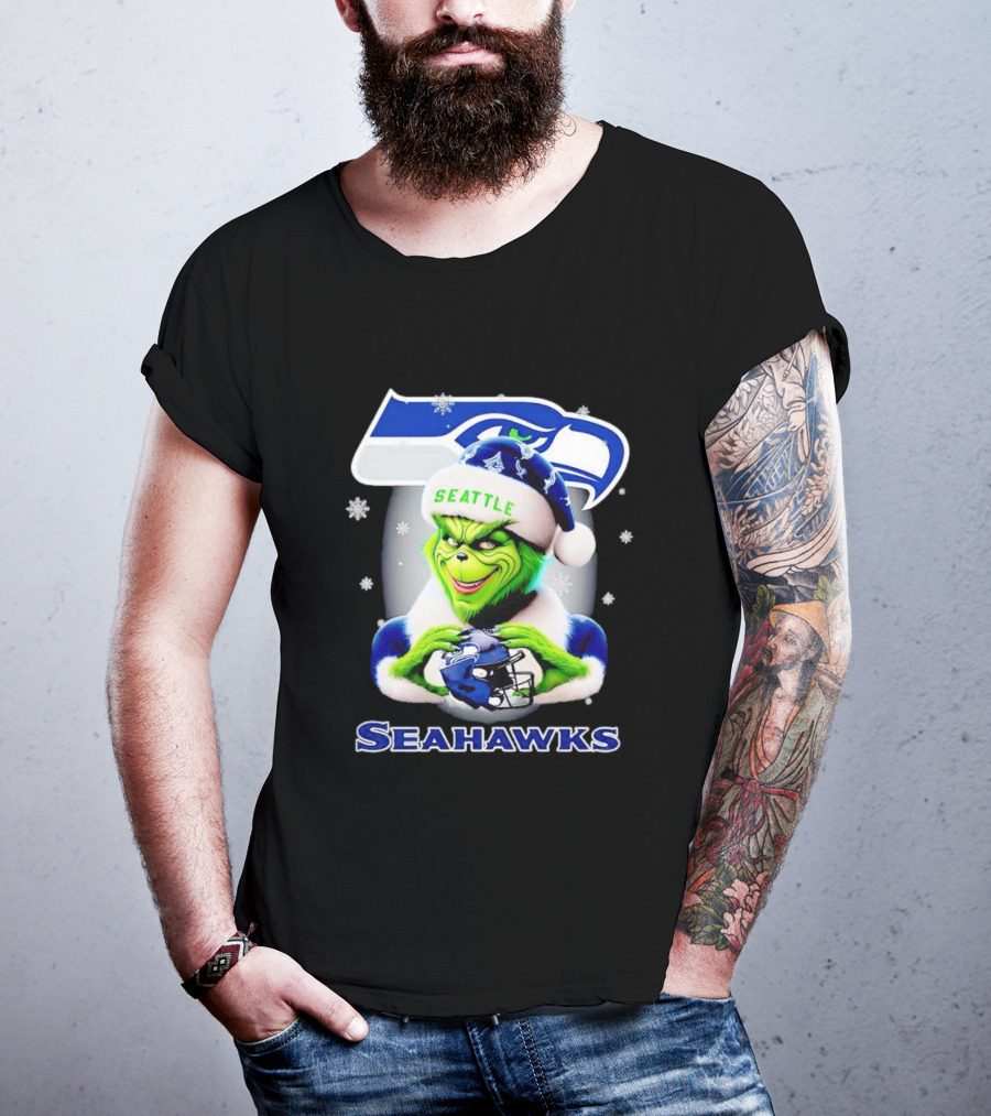 Seattle Seahawks Christmas Grinch Holding Football Helmet T-Shirt
