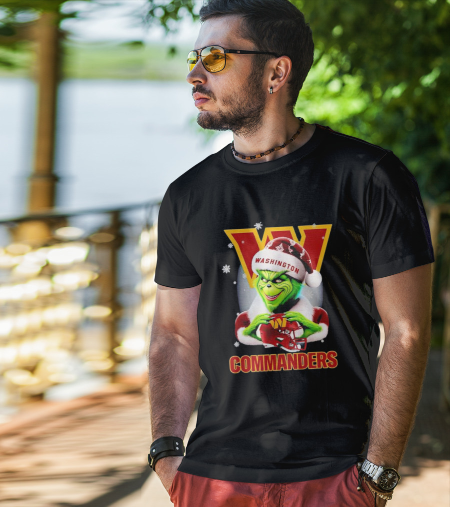 Washington Commanders Christmas Grinch In Santa Hat With Helmet T-Shirt