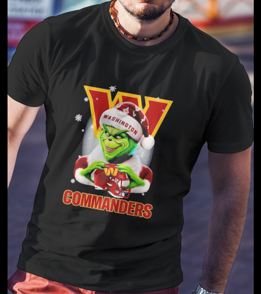 Washington Commanders Christmas Grinch In Santa Hat With Helmet T-Shirt