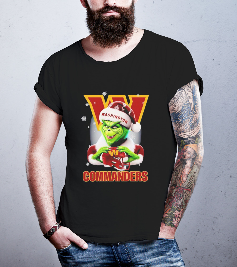 Washington Commanders Christmas Grinch In Santa Hat With Helmet T-Shirt