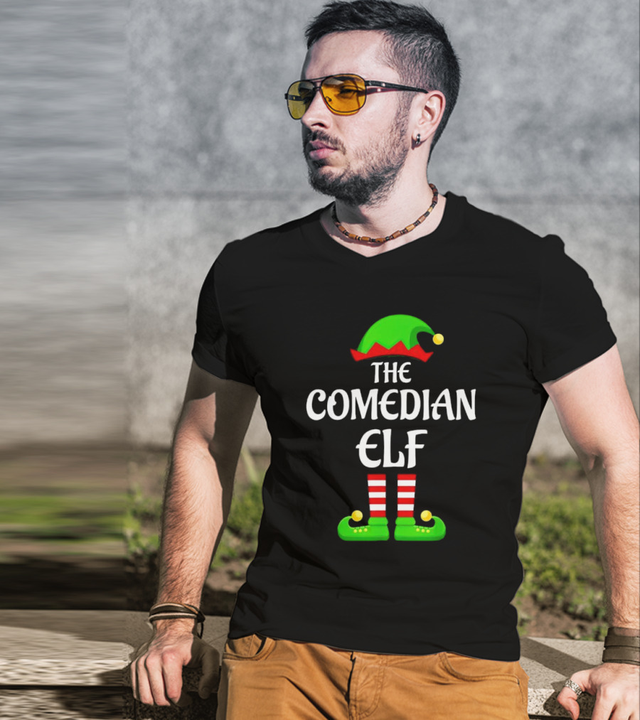 The Comedian Elf Funny Christmas Striped Stockings And Hat T-Shirt