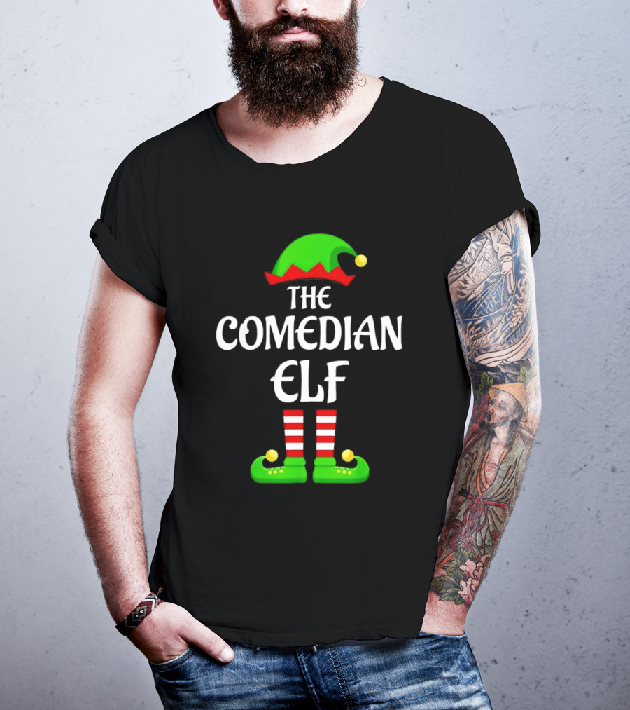 The Comedian Elf Funny Christmas Striped Stockings And Hat T-Shirt