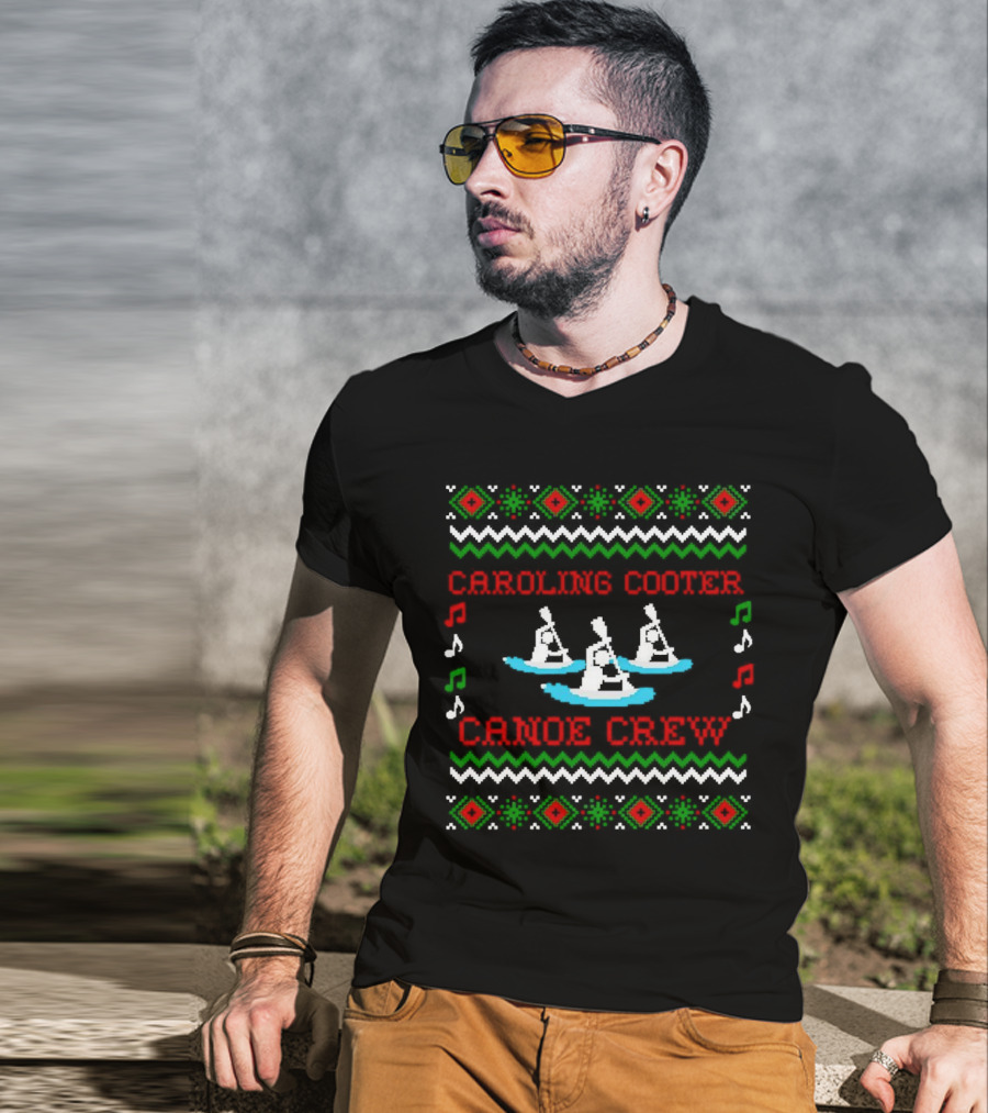 Caroling Cooter Canoe Crew Festive Holiday Pattern With Music Notes And Canoe T-Shirt