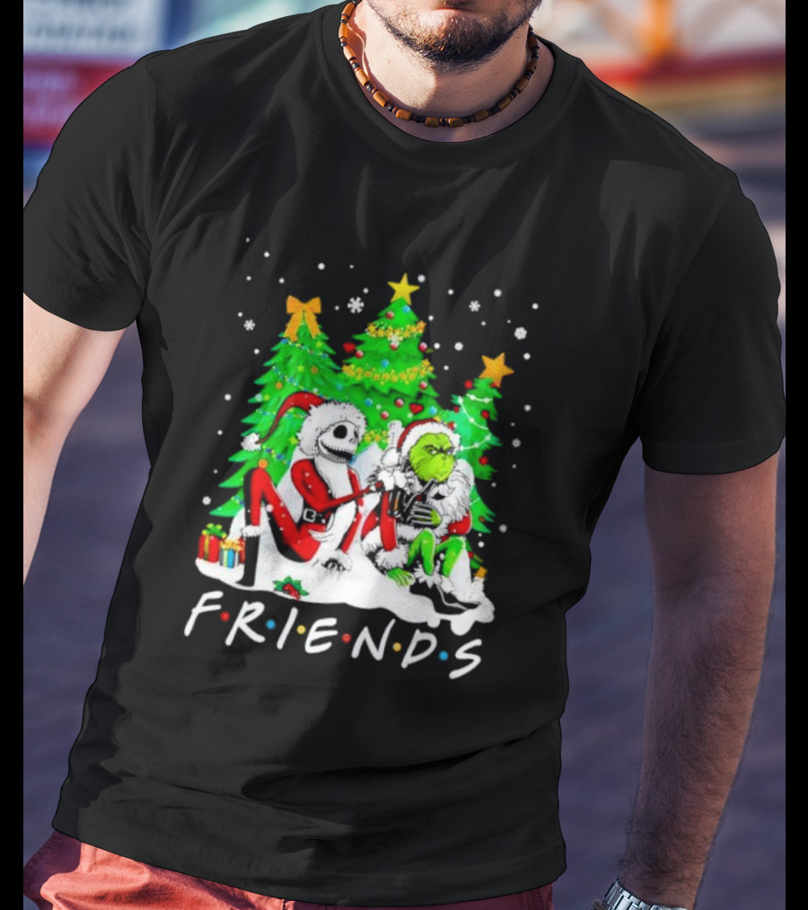 Friends Jack Skellington And Grinch Christmas Scene With Santa Outfits And Christmas Trees T-Shirt