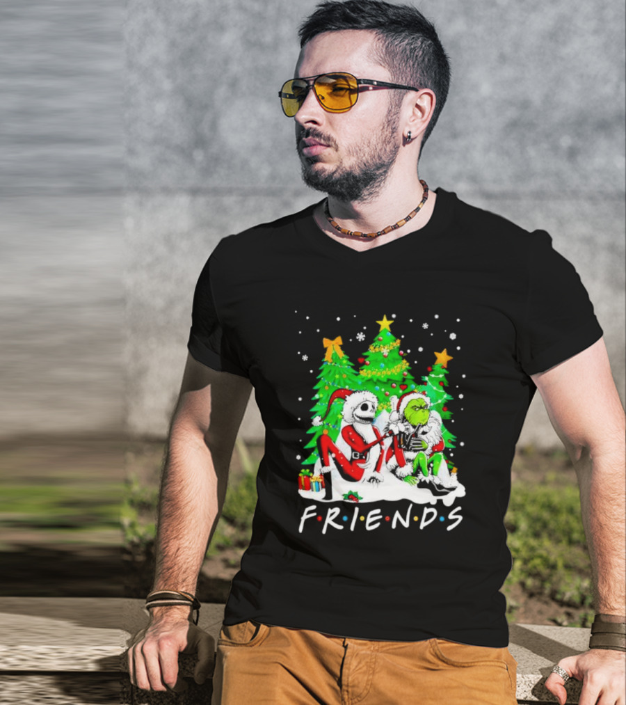 Friends Jack Skellington And Grinch Christmas Scene With Santa Outfits And Christmas Trees T-Shirt