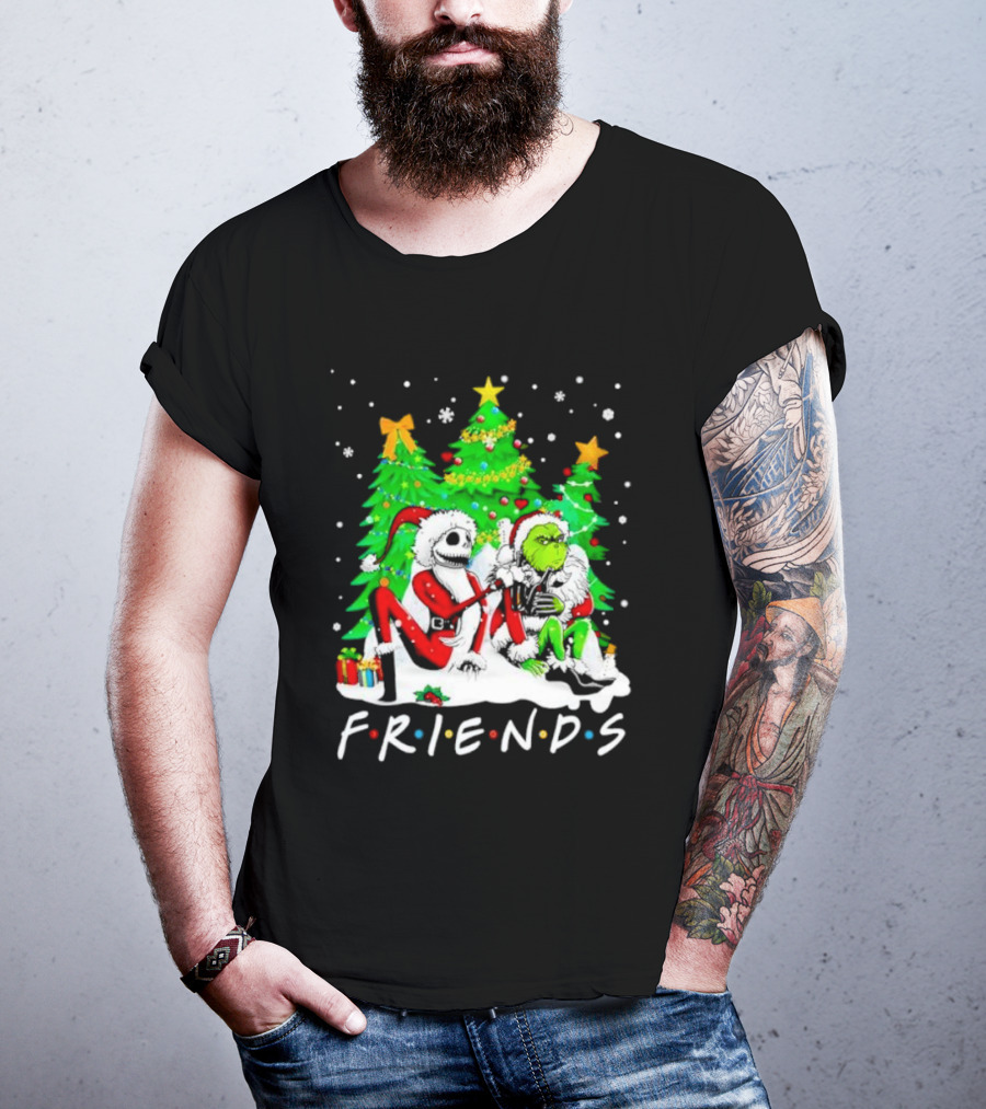 Friends Jack Skellington And Grinch Christmas Scene With Santa Outfits And Christmas Trees T-Shirt