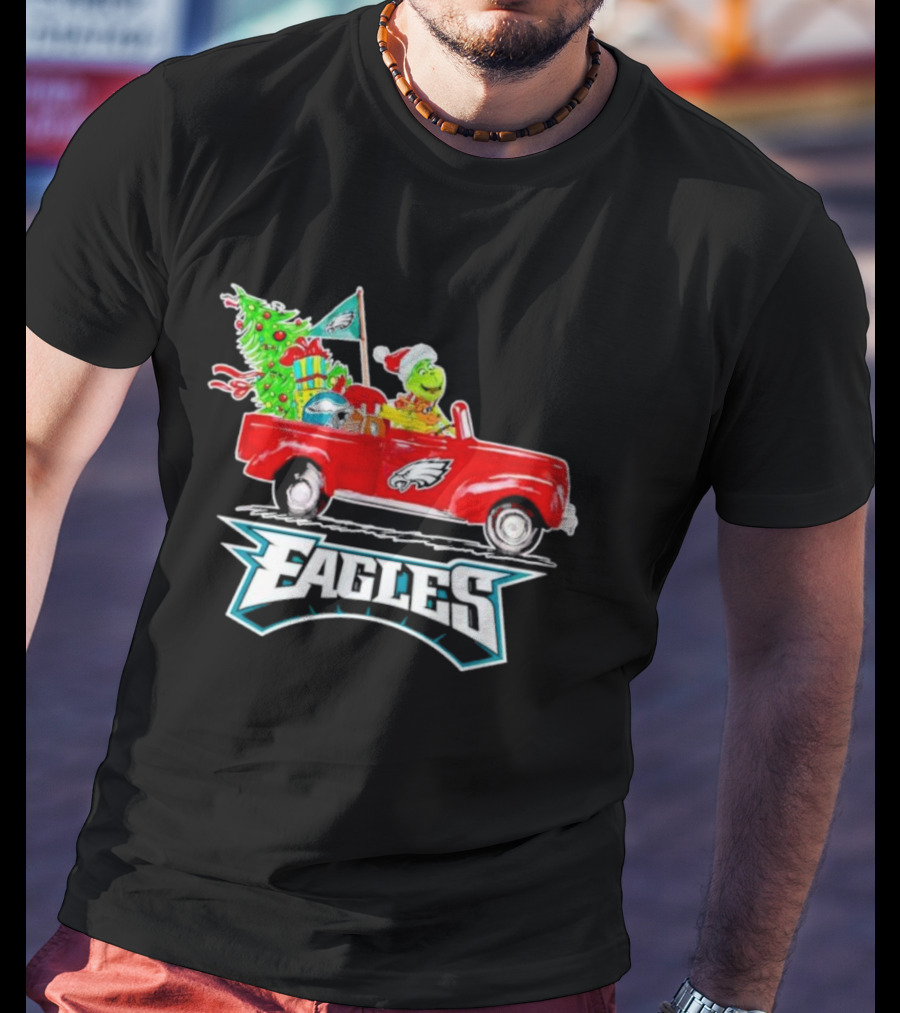 Grinch Dog Driving Red Truck Philadelphia Eagles Christmas Tree T-Shirt