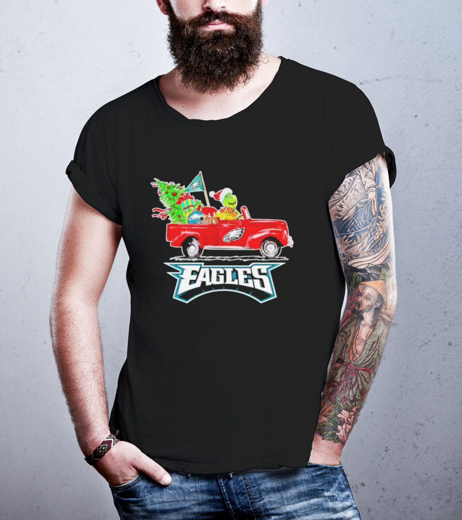 Grinch Dog Driving Red Truck Philadelphia Eagles Christmas Tree T-Shirt