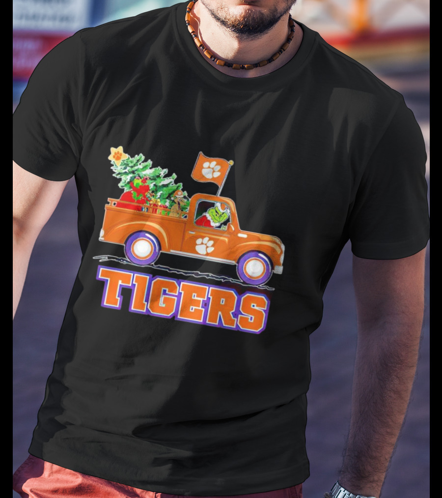Grinch Driving Orange Christmas Truck With Clemson Tigers Flag And Tree T-Shirt