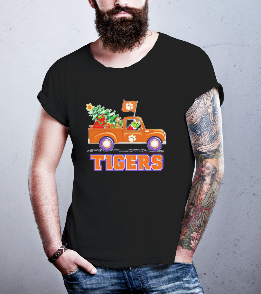 Grinch Driving Orange Christmas Truck With Clemson Tigers Flag And Tree T-Shirt