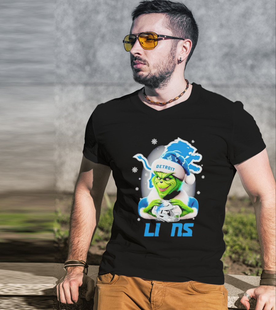 Grinch Loves Detroit Lions Christmas Holiday Football Magic T-Shirt