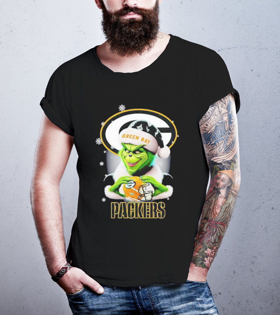Green Bay Packers Grinch Christmas Fan Art Snowflakes Helmet T-Shirt