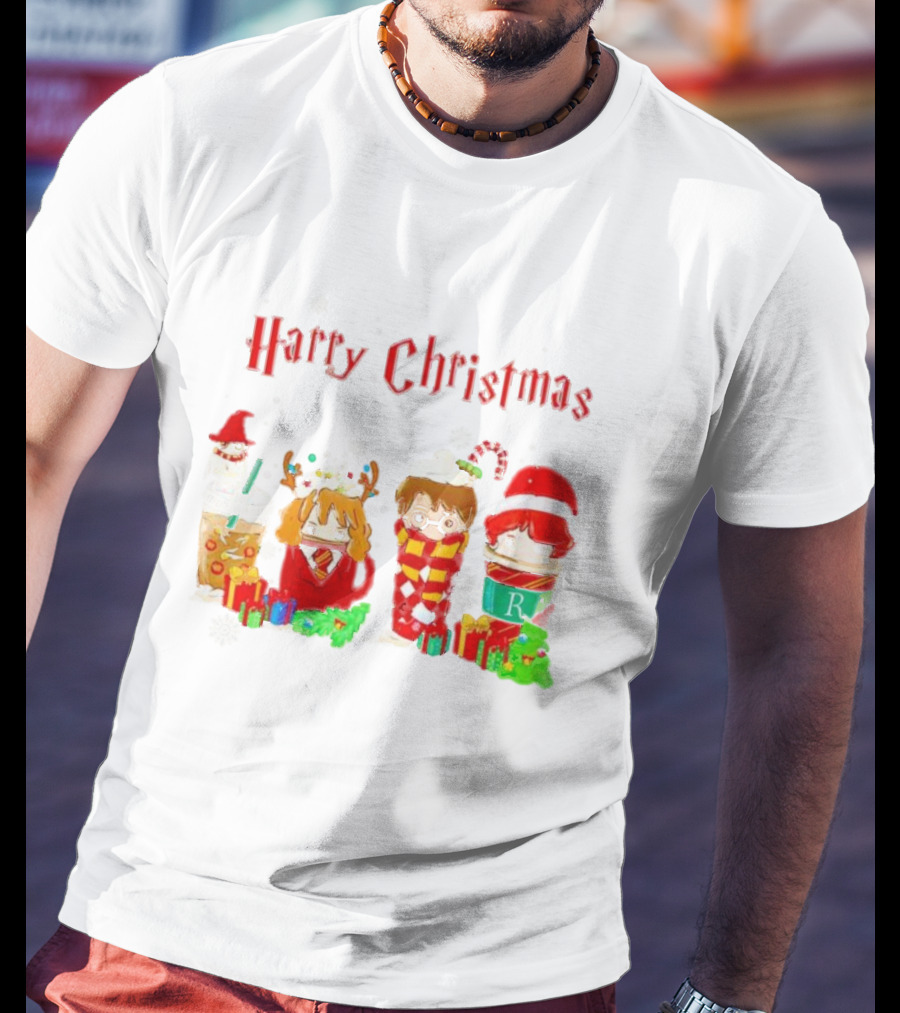Harry Christmas Chibi Coffee Characters Festive Winter Scene T-Shirt