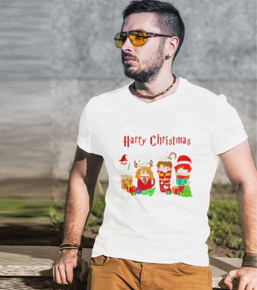 Harry Christmas Chibi Coffee Characters Festive Winter Scene T-Shirt
