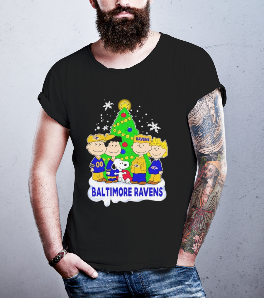 Baltimore Ravens Christmas Tree With Peanuts Characters T-Shirt