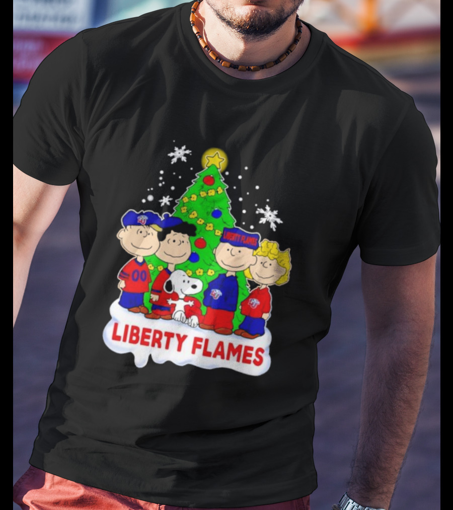 Liberty Flames Peanuts Characters Christmas Tree Snoopy Charlie Brown T-Shirt